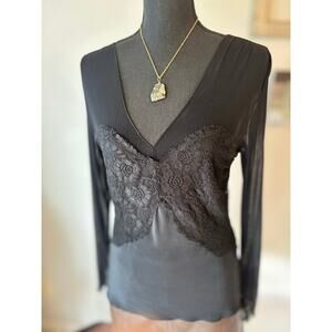 Sharagano Atelier Silk Black Lace-Trim Sheer V-Neck Blouse